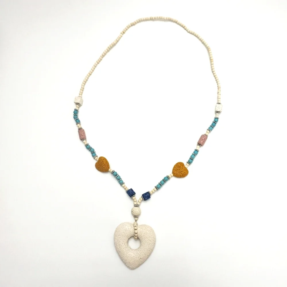NEW Multi-Color Lava Rock and Howlite Necklace, Heart Lava Rock Charm - Picture 2 of 4